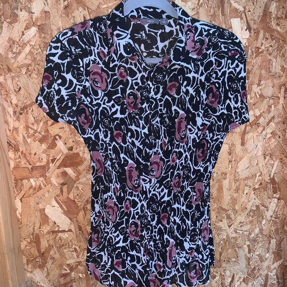 Apt.9 Womens Pleated Button-Down Collared Blouse Black/White/Pink Floral Pattern - Picture 6 of 8